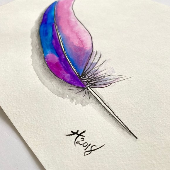 Softly Laid - Original Wall Art Watercolor Feather Painting 11"x14" Matted Decor - Picture 7 of 8